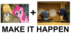 Size: 1009x471 | Tagged: safe, cranky doodle donkey, pinkie pie, donkey, earth pony, pony, g4, exploitable meme, fat blue, grover, make it happen, meme, mr. johnson, sesame street, toupee