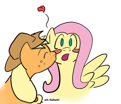 Size: 1000x858 | Tagged: source needed, safe, artist:caluriri, applejack, fluttershy, earth pony, pegasus, pony, g4, blush sticker, blushing, female, heart, kissing, lesbian, ship:appleshy, shipping, wingboner