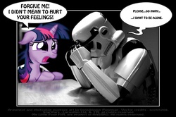 Size: 761x505 | Tagged: safe, artist:ponymaan, twilight sparkle, human, pony, unicorn, g4, armor, crossover, dialogue, female, mare, open mouth, sad, speech bubble, star wars, stormtrooper