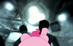 Size: 575x360 | Tagged: safe, artist:charleston-and-itchy, edit, pinkie pie, g4, too many pinkie pies, belly, fallout, fallout 3, female, female pov, liam neeson, lying down meme, offscreen character, perspective, pov