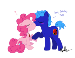 Size: 900x694 | Tagged: safe, artist:miss-vani, pinkie pie, oc, oc:rob stallion, g4, blushing, canon x oc, female, kissing, male, not megaman, shipping, straight