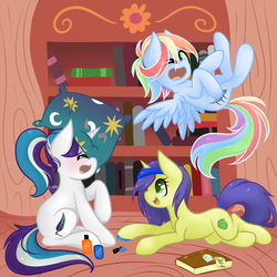 Size: 1024x1024 | Tagged: safe, artist:miss-vani, oc, oc only, pegasus, pony, unicorn, book, golden oaks library, hoof polish, library, sleepover