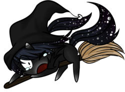 Size: 900x663 | Tagged: safe, artist:miss-vani, oc, oc only, pony, unicorn, broom, crying, flying, flying broomstick, hat, simple background, solo, transparent background, witch, witch hat