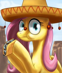 Size: 3000x3508 | Tagged: safe, artist:rautakoura, fluttershy, pony, g4, eating, female, food, frown, hat, hoof hold, krystal can't enjoy her sandwich, looking at you, puffy cheeks, solo, sombrero, surprised, taco, wide eyes