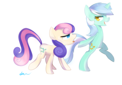 Size: 3937x2755 | Tagged: safe, artist:affanita, bon bon, lyra heartstrings, sweetie drops, earth pony, pony, unicorn, g4, bipedal, bon bon is not amused, duo, female, mare, simple background, transparent background, unamused, walking