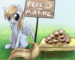 Size: 700x561 | Tagged: safe, artist:rikkutakedo, derpy hooves, pegasus, pony, g4, female, mare, sign, table