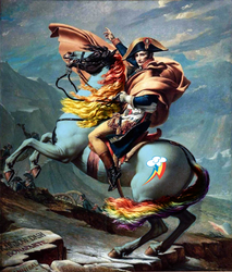 Size: 680x797 | Tagged: safe, artist:jacques-louis david, edit, rainbow dash, horse, g4, duo, napoleon, napoleon crossing the alps