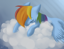 Size: 823x637 | Tagged: safe, artist:ls_skylight, rainbow dash, pony, g4, cloud, female, gray, sleeping, solo