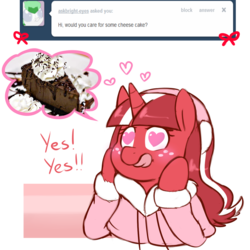 Size: 1199x1200 | Tagged: safe, artist:redintravenous, oc, oc only, oc:red ribbon, pony, unicorn, cake, cheesecake, clothes, female, heart eyes, licking, licking lips, mare, tongue out, wingding eyes