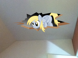 Size: 960x720 | Tagged: safe, artist:nattsu-san, derpy hooves, pony, g4, ceiling pony, irl, photo, ponies in real life, scrunchy face, vector