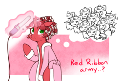 Size: 1280x853 | Tagged: safe, artist:redintravenous, oc, oc only, oc:red ribbon, pony, unicorn, clone, clothes, curling iron, dragon ball, female, hair curlers, mare, red ribbon army