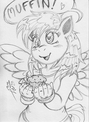 Size: 908x1238 | Tagged: safe, artist:baikobits, derpy hooves, anthro, g4, female, monochrome, muffin, solo, speech bubble, that pony sure does love muffins