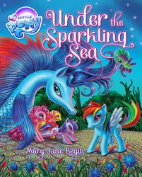 Size: 1287x1600 | Tagged: safe, artist:mary jane begin, electra, fluttershy, pinkie pie, rainbow dash, spike, twilight sparkle, earth pony, merpony, pegasus, pony, unicorn, g4, my little pony: under the sparkling sea, official, aquastria, book, book cover, bubble, cover, dorsal fin, female, flowing mane, mare, merchandise, my little pony logo, ocean, open mouth, smiling, spread wings, swimming, underwater, water, wings