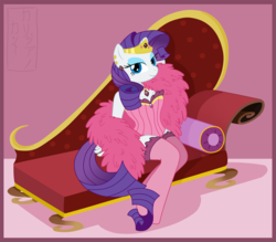 Size: 1029x900 | Tagged: safe, artist:kerijiano, rarity, unicorn, anthro, unguligrade anthro, g4, bedroom eyes, breasts, clothes, corset, couch, crown, ear piercing, earring, fainting couch, feather boa, female, jewelry, looking at you, necklace, piercing, pillow, regalia, sitting, smiling, solo, stockings