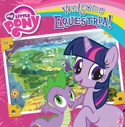 Size: 1580x1600 | Tagged: safe, spike, twilight sparkle, g4, my little pony: welcome to equestria!, official, book, book cover, cover, equestria, map, map of equestria, merchandise, my little pony logo