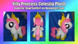 Size: 2568x1444 | Tagged: safe, artist:rawrsuitgirl, princess celestia, alicorn, pony, g4, cewestia, crown, female, filly, irl, jewelry, photo, pink-mane celestia, plushie, solo, young celestia