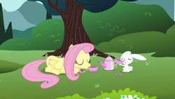 Size: 1280x720 | Tagged: safe, screencap, angel bunny, fluttershy, pegasus, pony, g4, too many pinkie pies, cup, drinking, duo, female, mare, prone, tea, teacup, teapot