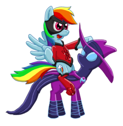 Size: 1500x1540 | Tagged: safe, artist:blehmaster7, mare do well, rainbow dash, pegasus, pony, g4, atomic rainboom, female, mare, ponies riding ponies, riding, simple background, superhero, superhero costume, transparent background, unamused