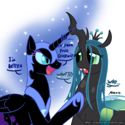 Size: 800x800 | Tagged: safe, artist:srmario, nightmare moon, queen chrysalis, alicorn, changeling, changeling queen, pony, g4, dialogue, duo, female, looking at each other, mare, signature, simple background, transparent background