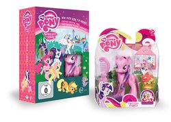 Size: 2560x1823 | Tagged: safe, applejack, fluttershy, pinkie pie, princess cadance, princess celestia, rainbow dash, rarity, shining armor, spike, twilight sparkle, frog, pony, g4, official, brushable, cardboard twilight, dvd, edel, german, irl, mane seven, merchandise, my little pony logo, my little pony: friendship is magic logo, photo, stock vector, toy