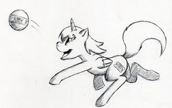 Size: 900x565 | Tagged: safe, artist:richfox, oc, oc only, oc:ticket, alicorn, pony, alicorn oc, ball, grayscale, monochrome, playing, solo