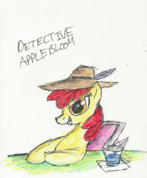 Size: 1625x1968 | Tagged: safe, artist:xx2wolffeather1xx, apple bloom, earth pony, pony, g4, detective, feather, female, glass, hat, solo