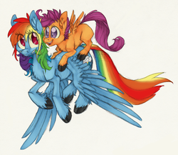 Size: 1000x868 | Tagged: safe, artist:xenon, rainbow dash, scootaloo, pegasus, pony, g4, duo, duo female, female, scootalove, simple background, unshorn fetlocks, white background