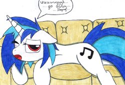 Size: 900x608 | Tagged: safe, artist:fox-kai, dj pon-3, vinyl scratch, g4, couch, sleeping, sleepy