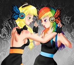 Size: 1024x911 | Tagged: safe, artist:ethereal-asphixia, applejack, rainbow dash, human, g4, clothes, duo, female, fingerless gloves, gloves, humanized, lesbian, magnet (vocaloid), ship:appledash, shipping, song reference, vocaloid