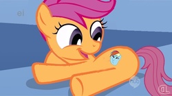 Size: 639x358 | Tagged: safe, edit, rainbow dash, scootaloo, g4, alternate cutie mark, cutie mark, dashface, ei, hub logo