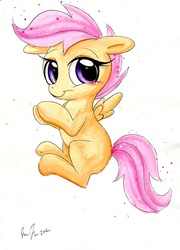 Size: 441x613 | Tagged: safe, artist:prettypinkpony, scootaloo, pegasus, pony, g4, blushing, solo