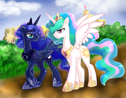 Size: 900x703 | Tagged: safe, artist:xnightmelody, princess celestia, princess luna, g4, duo, sisters