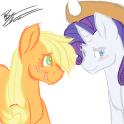 Size: 1080x1080 | Tagged: safe, artist:thundershock, applejack, rarity, g4, blushing, female, lesbian, ship:rarijack, shipping