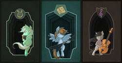 Size: 900x464 | Tagged: dead source, safe, artist:thenecrobalam, lyra heartstrings, octavia melody, oc, oc:claire anne carr, earth pony, pegasus, pony, unicorn, semi-anthro, g4, bipedal, cello, eyes closed, female, flying, flying v, grin, guitar, hoof hold, lyre, male, mare, musical instrument, smiling, smirk, spread wings, stallion, underhoof, unshorn fetlocks, wings