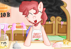 Size: 1382x958 | Tagged: safe, artist:darkyosh, pinkie pie, g4, apron, beard, bubble berry, clothes, facial hair, goatee, rule 63, smoke