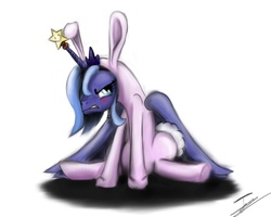Size: 2500x2000 | Tagged: source needed, safe, artist:europamaxima, princess luna, pony, g4, blushing, bunny costume, clothes, female, horn, horn cap, solo, stars, unamused