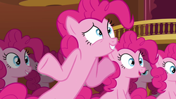 Size: 640x360 | Tagged: safe, screencap, pinkie pie, g4, too many pinkie pies, clone, pinkie clone, shrug