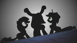 Size: 1280x720 | Tagged: safe, screencap, applejack, rarity, twilight sparkle, earth pony, pony, unicorn, g4, look before you sleep, my little pony: friendship is magic, season 1, applejack's hat, cowboy hat, female, hat, mare, silhouette, silhouette with eyes, trio, trio female, unicorn twilight