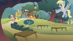 Size: 1280x720 | Tagged: safe, screencap, carrot top, cherry berry, derpy hooves, golden harvest, pegasus, pony, g4, look before you sleep, my little pony: friendship is magic, dirt road, female, golden oaks library, houses, library, mare, overcast, storm, tree