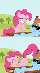 Size: 1200x2160 | Tagged: safe, edit, edited screencap, screencap, pinkie pie, rainbow dash, earth pony, pony, g4, too many pinkie pies, butt, comic, female, implied farting, mare, out of context, plot, screencap comic, sunglasses