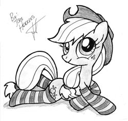 Size: 800x755 | Tagged: safe, artist:jcosneverexisted, applejack, earth pony, pony, g4, clothes, female, monochrome, prone, socks, solo, striped socks, traditional art