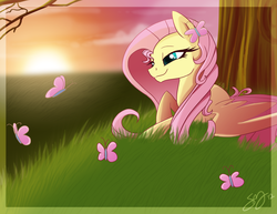 Size: 3400x2628 | Tagged: dead source, safe, artist:probablyfakeblonde, fluttershy, butterfly, pony, g4, female, smiling, solo