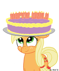 Size: 559x673 | Tagged: safe, artist:aa, applejack, earth pony, pony, g4, birthday cake, cake, hapvw mnulh milnum nim, written equestrian