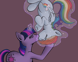 Size: 1000x800 | Tagged: safe, rainbow dash, twilight sparkle, pegasus, pony, unicorn, g4, duo, female, kiss on the lips, kissing, lesbian, levitation, magic, mare, ship:twidash, shipping, unicorn twilight, upside down, upside down kiss