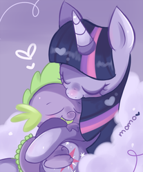 Size: 600x724 | Tagged: safe, artist:ipun, spike, twilight sparkle, dragon, pony, unicorn, g4, baby, baby dragon, cloud, cuddling, cute, cutie mark, daaaaaaaaaaaw, diabetes, eyes closed, featured image, female, heart, hnnng, horn, hug, male, mama twilight, mare, on back, signature, smiling, snuggling, spikabetes, spikelove, twiabetes, unicorn twilight, weapons-grade cute