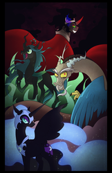 Size: 1200x1854 | Tagged: dead source, safe, artist:thenecrobalam, discord, king sombra, nightmare moon, queen chrysalis, alicorn, changeling, changeling queen, draconequus, pony, unicorn, g4, antagonist, evil smile, female, grin, group, quartet, smiling