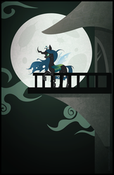 Size: 1200x1854 | Tagged: dead source, safe, artist:thenecrobalam, queen chrysalis, changeling, g4, castle, female, moon, night, solo