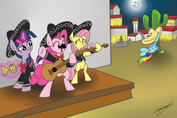 Size: 3000x2000 | Tagged: safe, artist:gearholder, fluttershy, pinkie pie, rainbow dash, twilight sparkle, earth pony, pegasus, pony, unicorn, g4, band, bipedal, cactus, concert, female, glowing, glowing horn, guitar, hoof hold, horn, mariachi, mexico, musical instrument, sombrero, three amigos, trumpet, unicorn twilight
