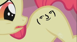 Size: 864x478 | Tagged: safe, edit, edited screencap, screencap, apple bloom, earth pony, pony, g4, female, filly, le lenny face, looking back, solo