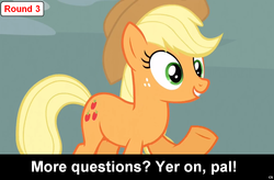 Size: 1024x672 | Tagged: safe, applejack, comic:celestia's servant interview, g4, caption, interview, meta